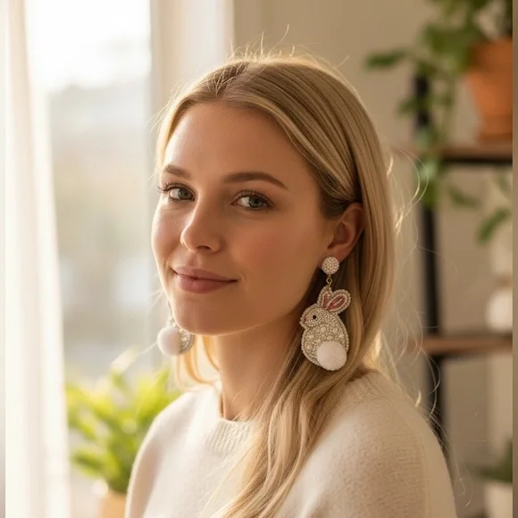 Lily Posh Beaded Bunny Rabbit Earrings Pearl Pom Pom Easter Spring- NWT - Picture 5 of 5